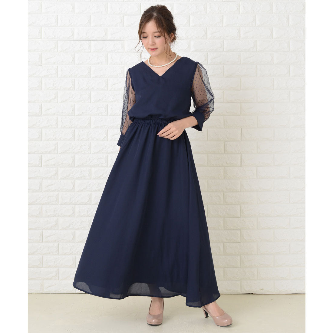 Lace Ladies Dot Tulle Sleeve Long Dress One Piece Dress