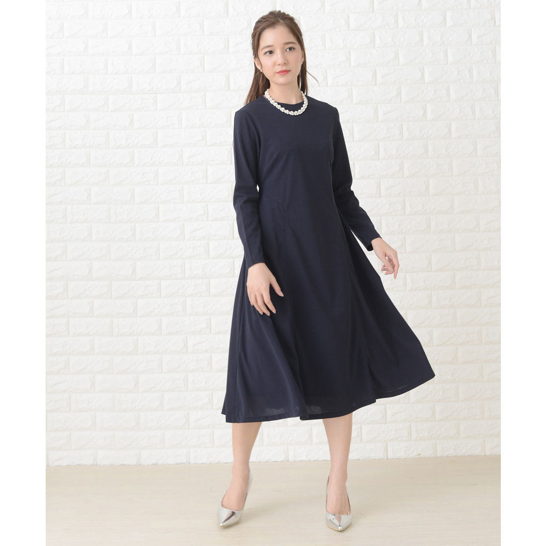 Lace Ladies Simple Long Sleeve Formal Mid-Calf Length Dress