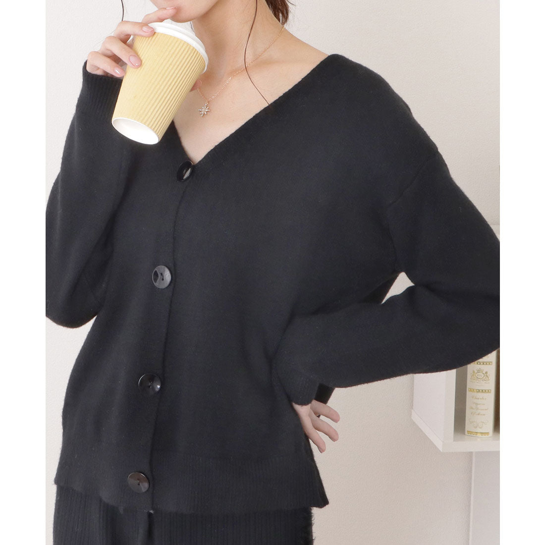 レースレディース Lace Ladies ベーシックロングニットVネックカーディガン (ブラック) ブラック