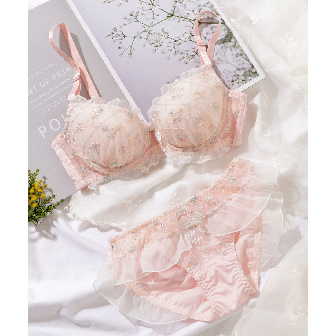 レースレディース Lace Ladies シフォンフリルブーケ刺繍ブラ&ショーツセット【返品不可商品】 (ピンク) ピンク
