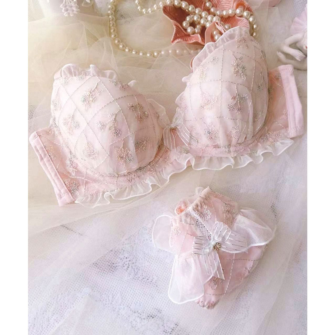 レースレディース Lace Ladies シフォンフリルブーケ刺繍ブラ&ショーツセット【返品不可商品】 (ピンク) ピンク