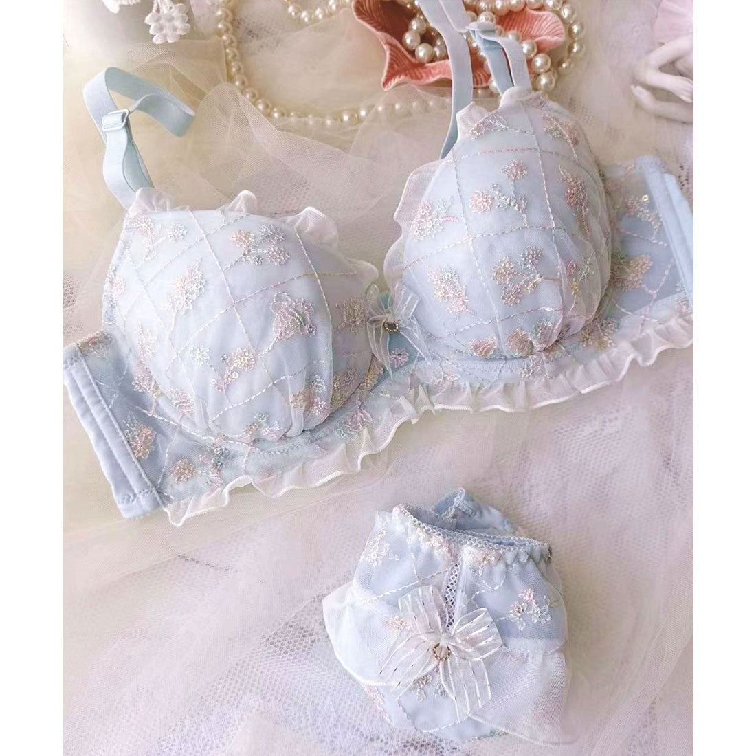 レースレディース Lace Ladies シフォンフリルブーケ刺繍ブラ&ショーツセット【返品不可商品】 (ピンク) ピンク