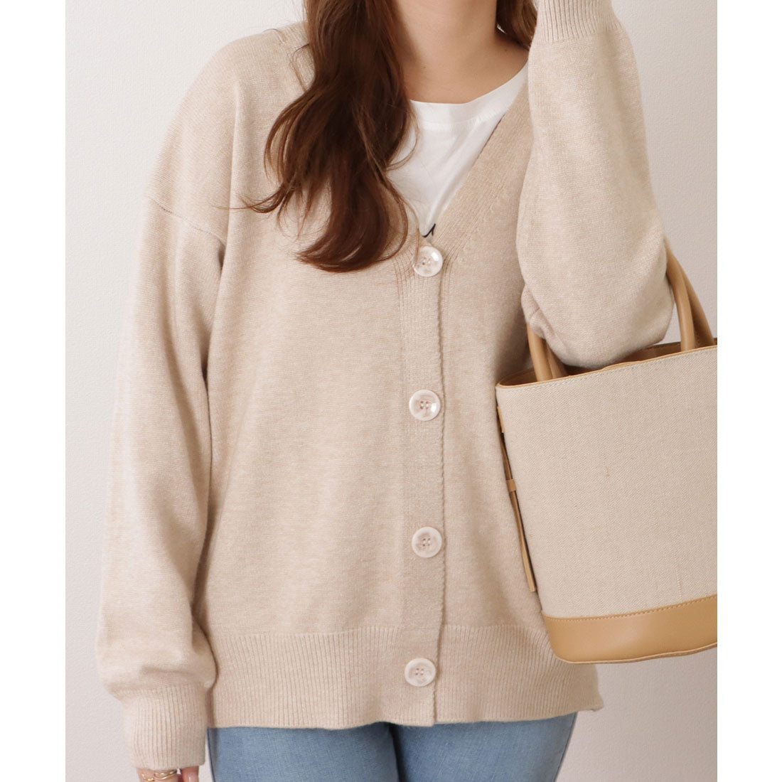 レースレディース Lace Ladies ベーシックVネック長袖ニットカーディガン (ベージュ) ベージュ