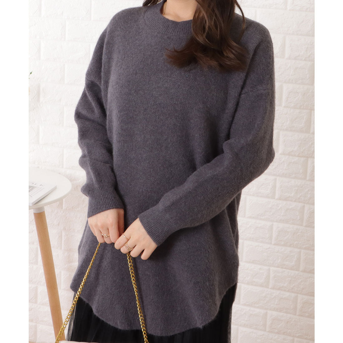 レースレディース Lace Ladies ラウンド裾スリットロングニットプルオーバー (グレー) グレー