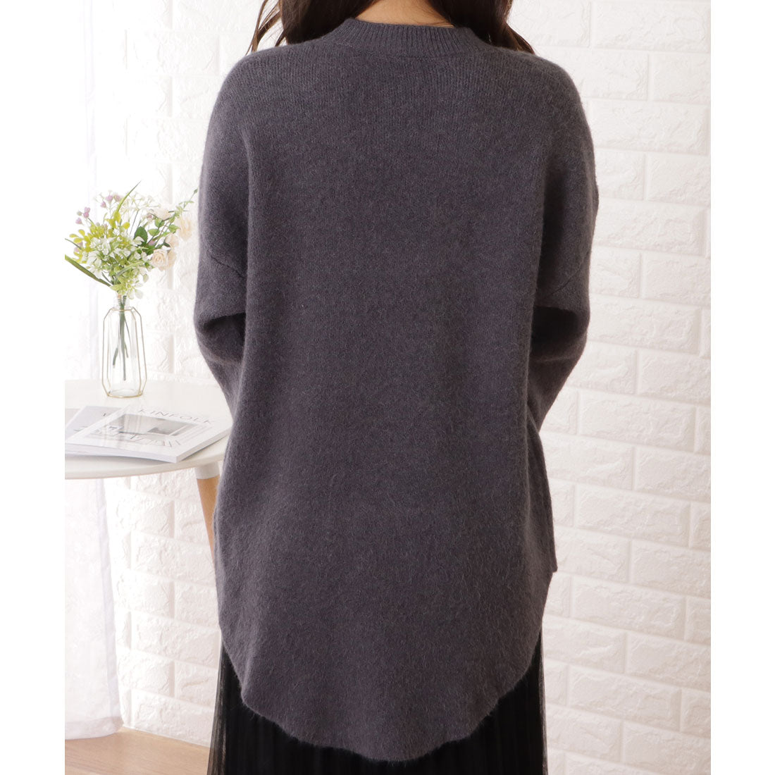 レースレディース Lace Ladies ラウンド裾スリットロングニットプルオーバー (グレー) グレー