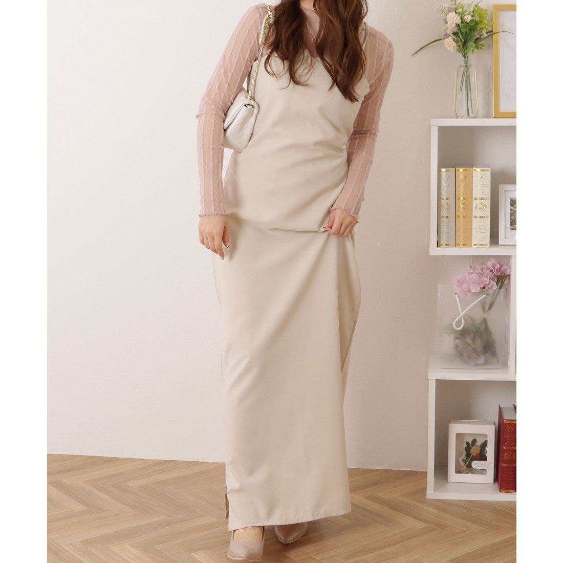 レースレディース Lace Ladies ビスチェ風 キーネック タイト マキシ ワンピース (アイボリー) アイボリー