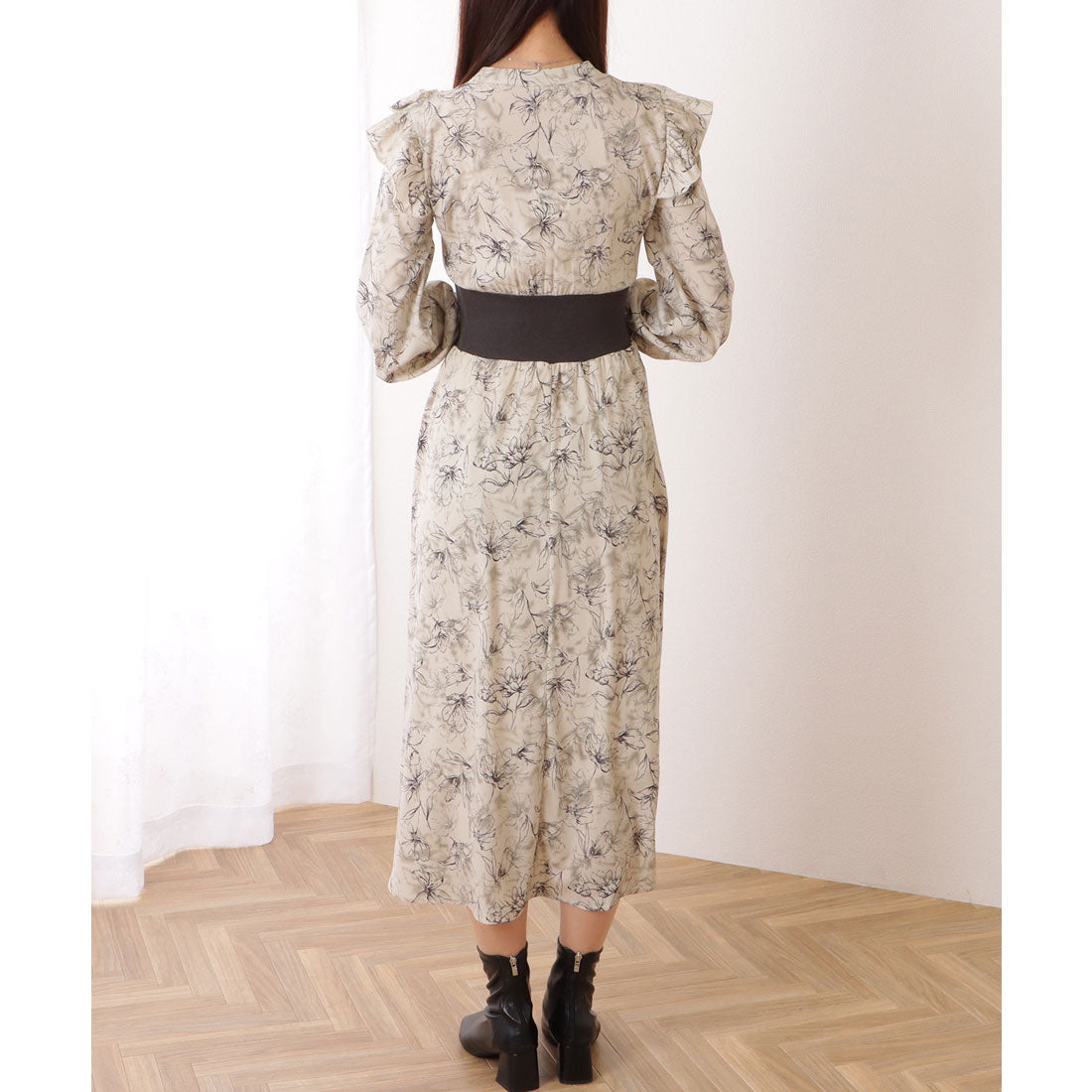 レースレディース Lace Ladies 配色 リブ フリルライン ボタニカル柄 ワンピース