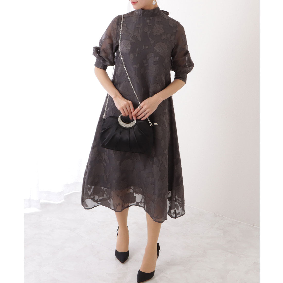 レースレディース Lace Ladies バックリボン 総レース プチハイネック Aライン ワンピース,グレー