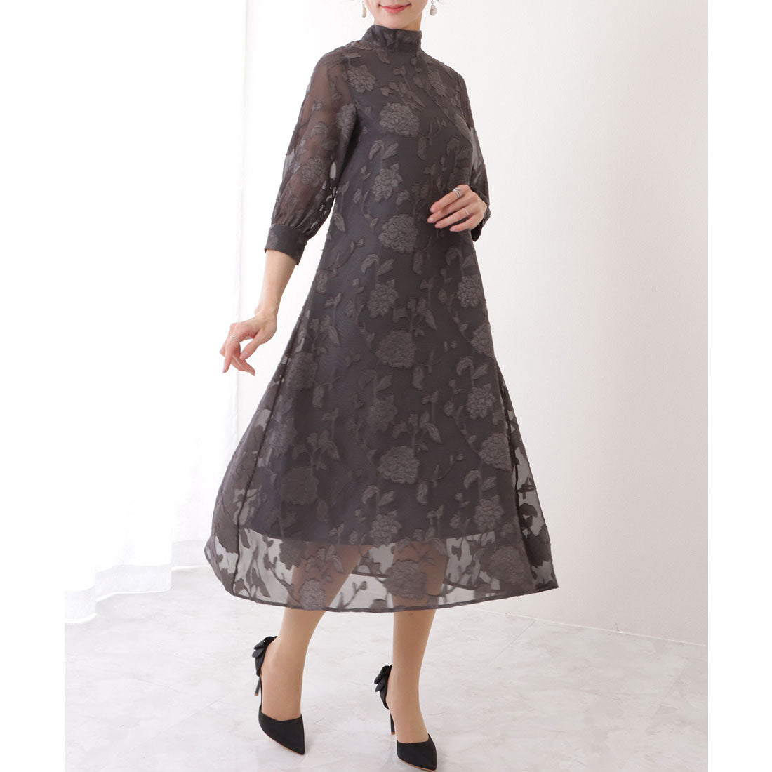 レースレディース Lace Ladies バックリボン 総レース プチハイネック Aライン ワンピース