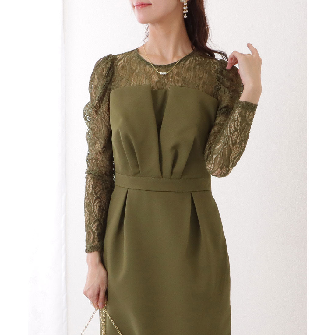 レースレディース Lace Ladies レース ドッキング フェイクレイヤード ビスチェ ワンピース,グリーン