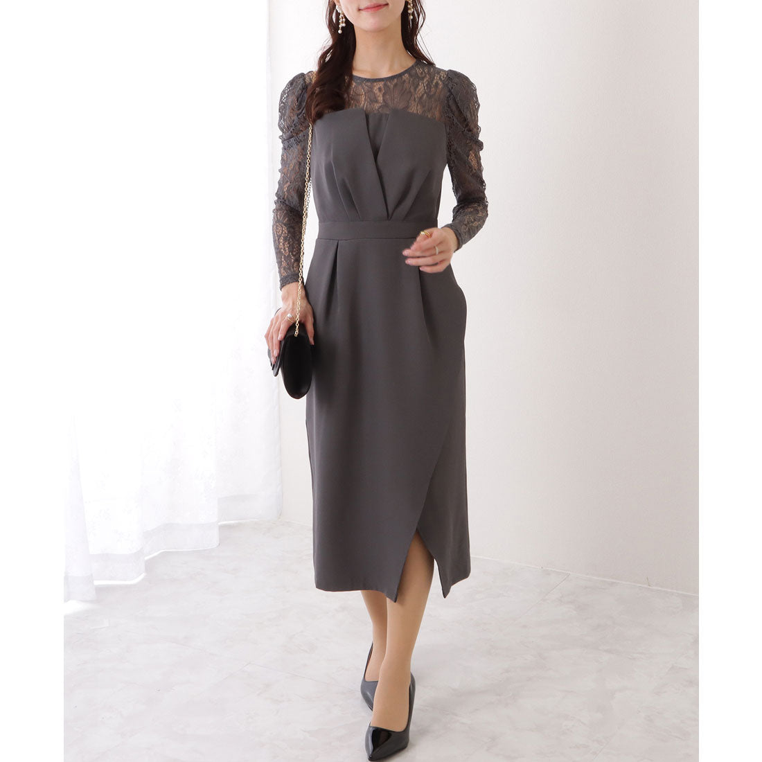 レースレディース Lace Ladies レース ドッキング フェイクレイヤード ビスチェ ワンピース,グレー