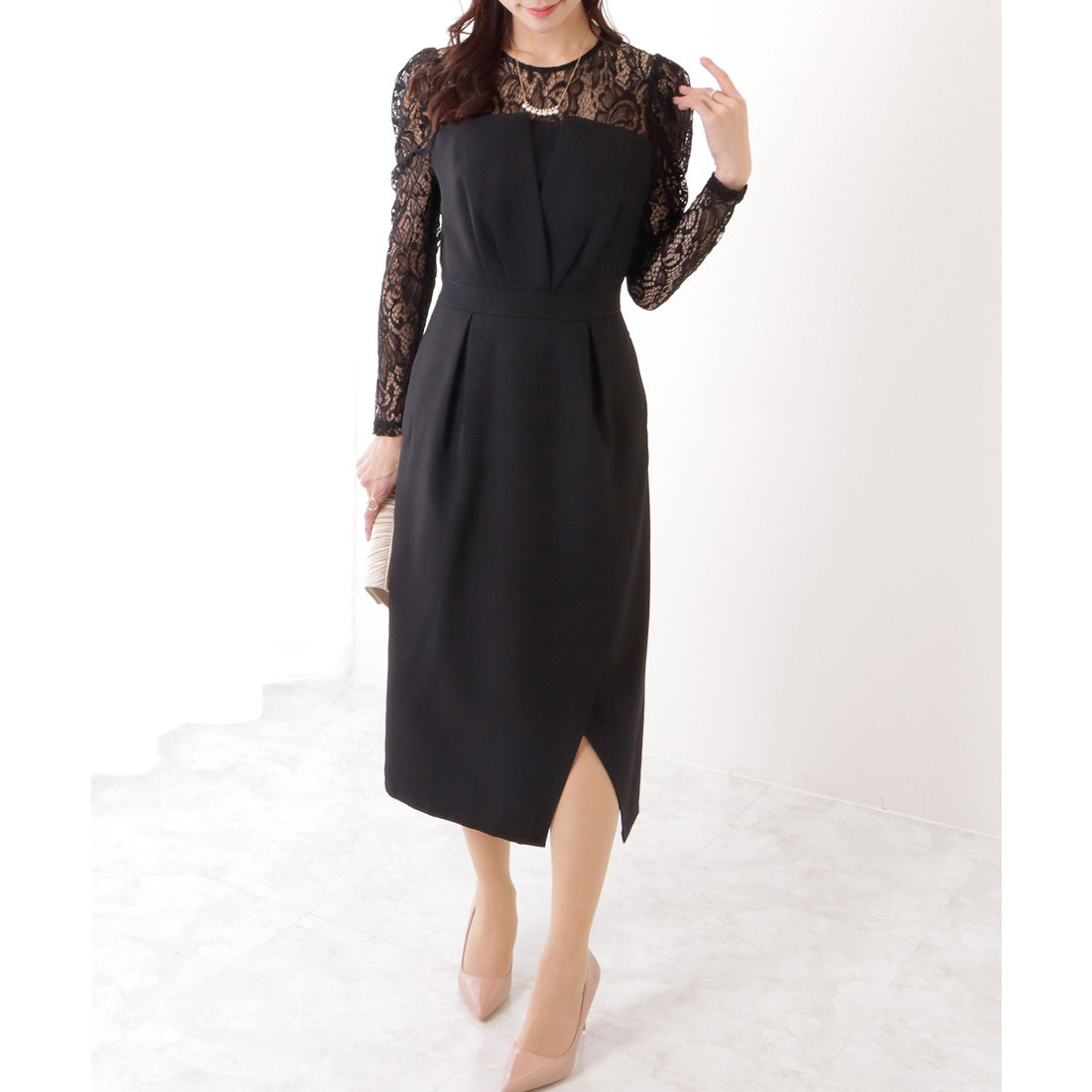 レースレディース Lace Ladies レース ドッキング フェイクレイヤード ビスチェ ワンピース,ブラック