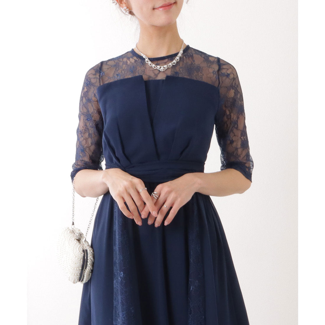 Lace Ladies Lace Layered 5-Sleeve Tuck Flare Dress