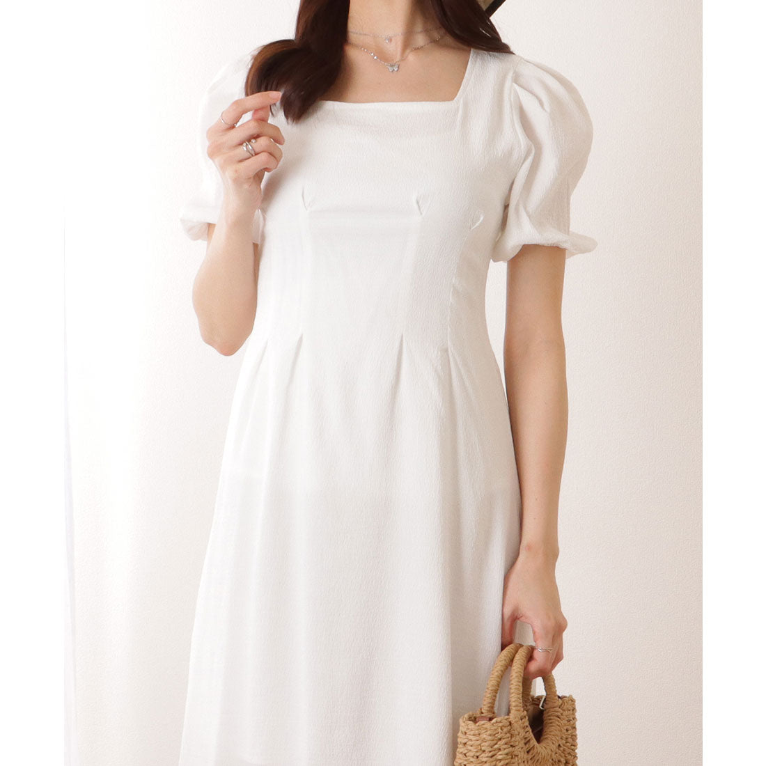 Lace Ladies Square Neck Puff Sleeve A-line Tuck Dress