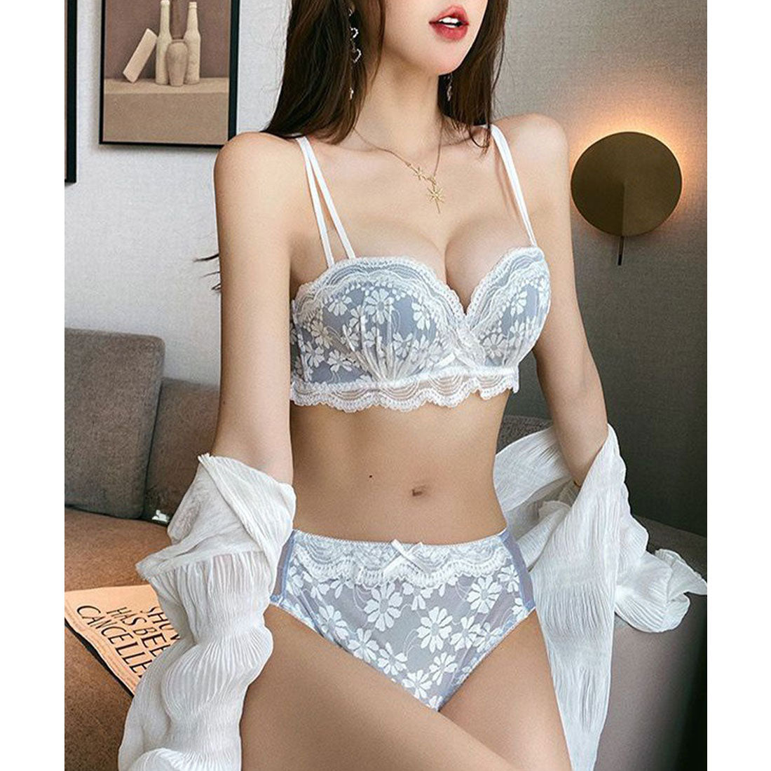 レースレディース Lace Ladies 2WAY ストラップ フラワー レース スカラップ 1/2 ブラジャー【返品不可商品】 (ブルー) ブルー