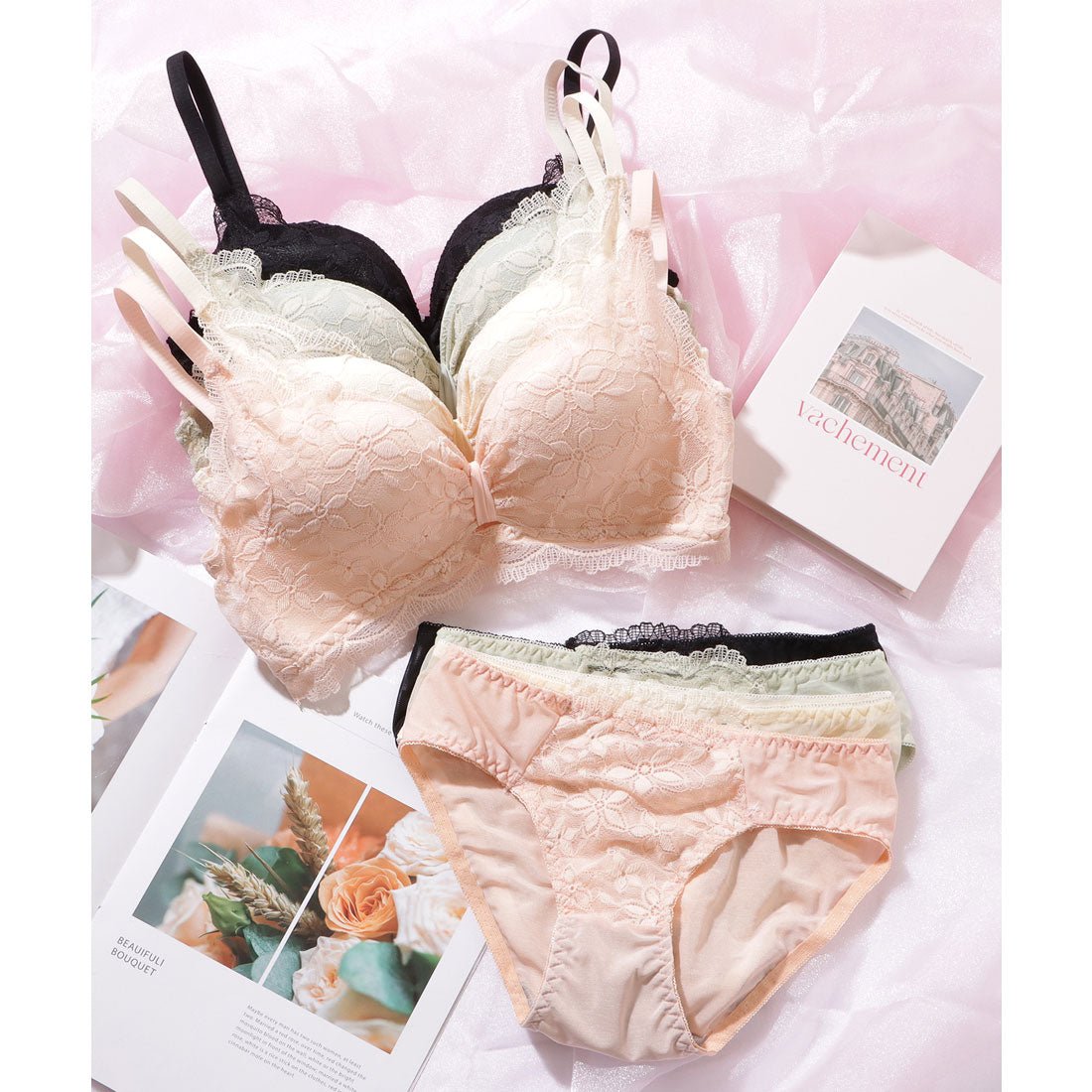 レースレディース Lace Ladies リボン ギャザー カットアウト フラワー レース ブラジャー&ショーツ セット【返品不可商品】 (グリーン) グリーン