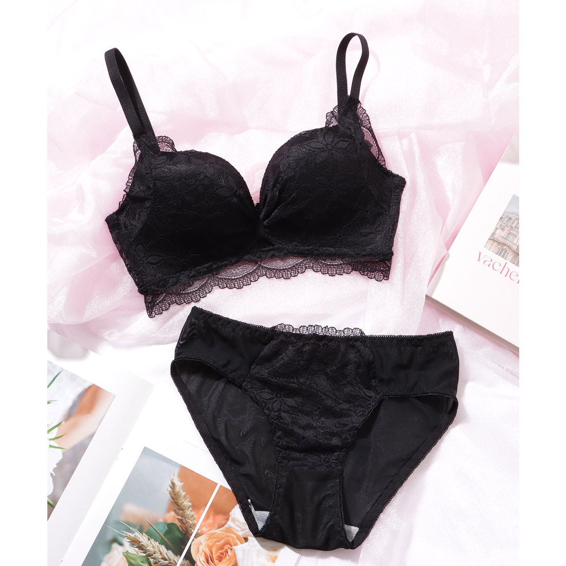 レースレディース Lace Ladies リボン ギャザー カットアウト フラワー レース ブラジャー&ショーツ セット【返品不可商品】 (グリーン) グリーン