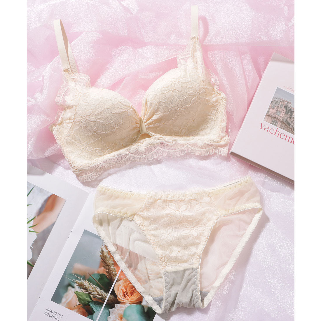 レースレディース Lace Ladies リボン ギャザー カットアウト フラワー レース ブラジャー&ショーツ セット【返品不可商品】 (グリーン) グリーン