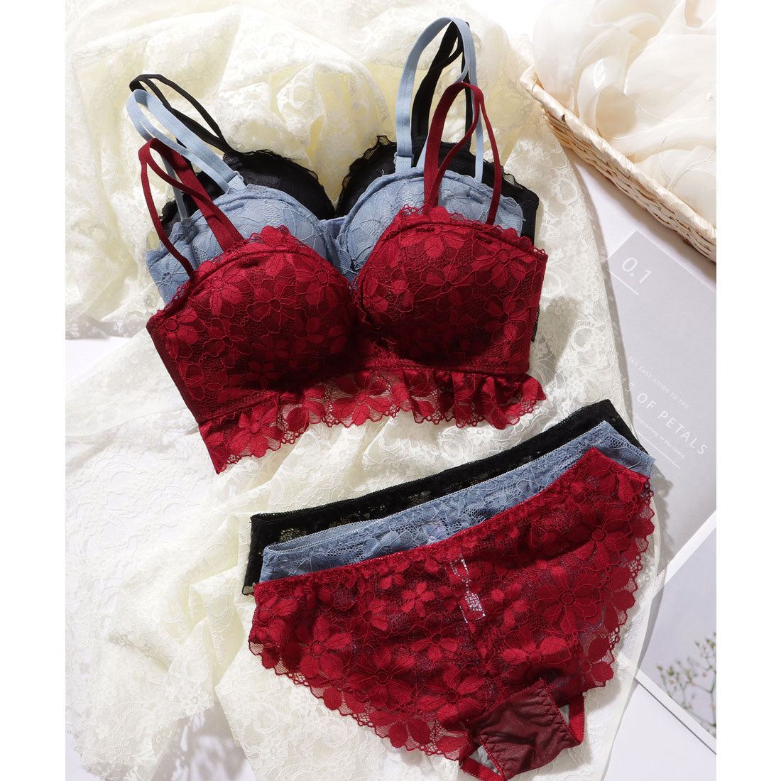 レースレディース Lace Ladies エレガント フラワー レース ノンワイヤー ブラジャー&ショーツ セット【返品不可商品】 (ブルー) ブルー