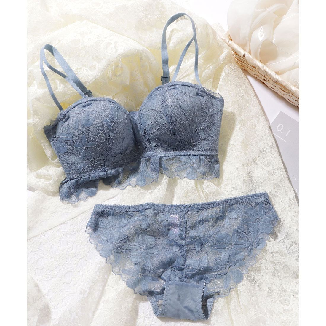 レースレディース Lace Ladies エレガント フラワー レース ノンワイヤー ブラジャー&ショーツ セット【返品不可商品】 (ブルー) ブルー