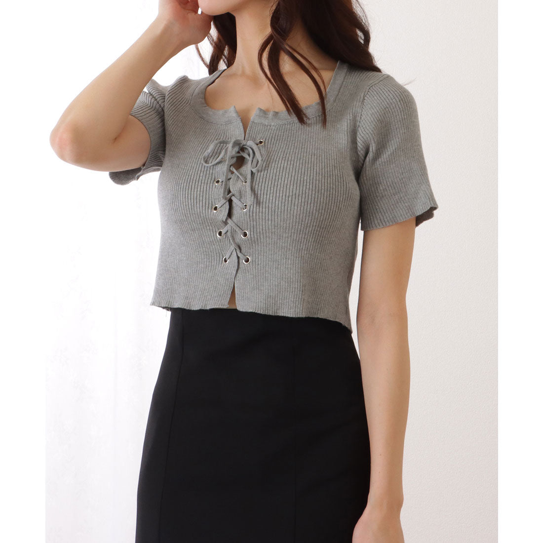 レースレディース Lace Ladies フロント レースアップ コンパクト 半袖 トップス (グレー) グレー