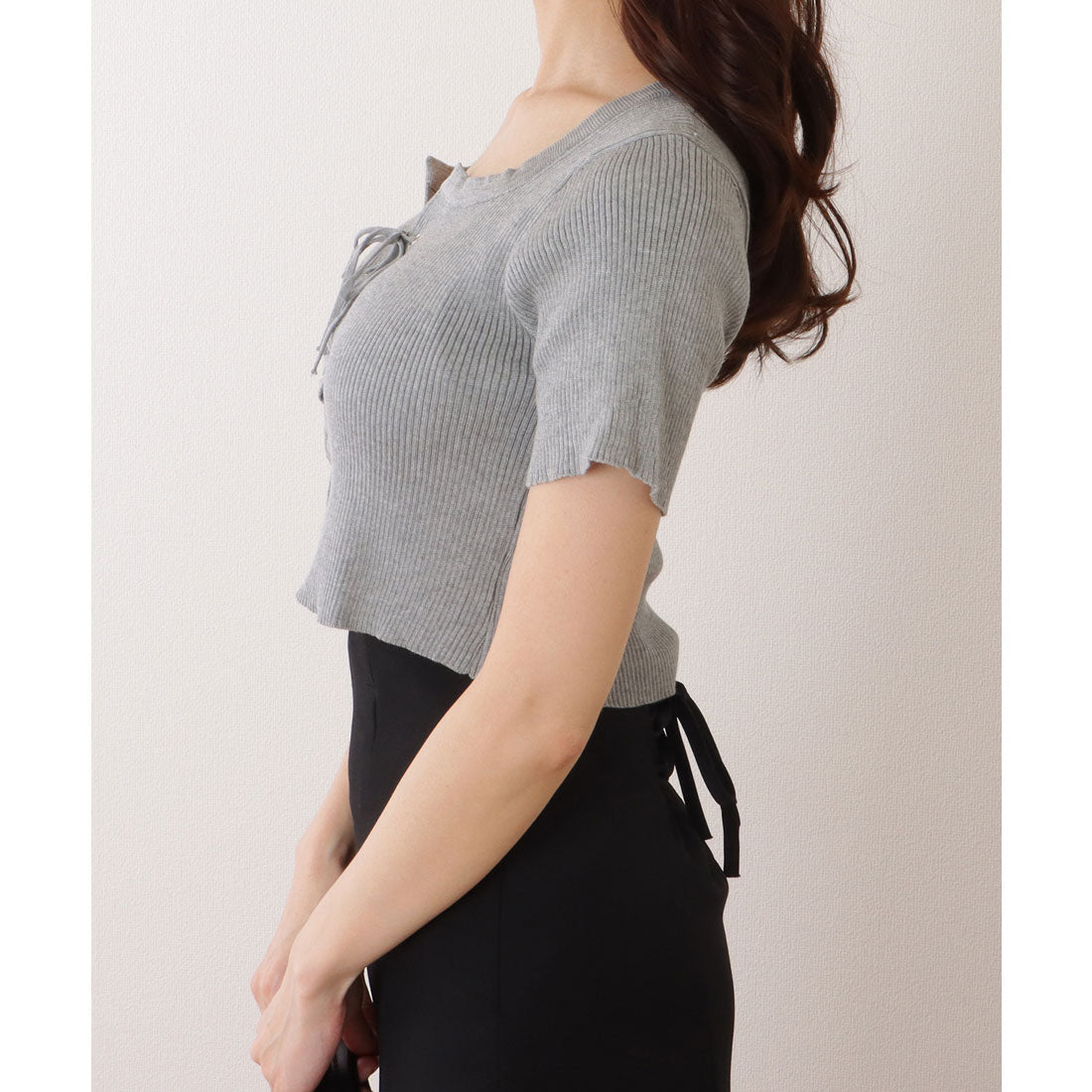 レースレディース Lace Ladies フロント レースアップ コンパクト 半袖 トップス (グレー) グレー