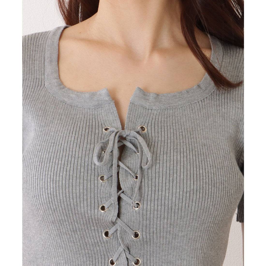 レースレディース Lace Ladies フロント レースアップ コンパクト 半袖 トップス (グレー) グレー