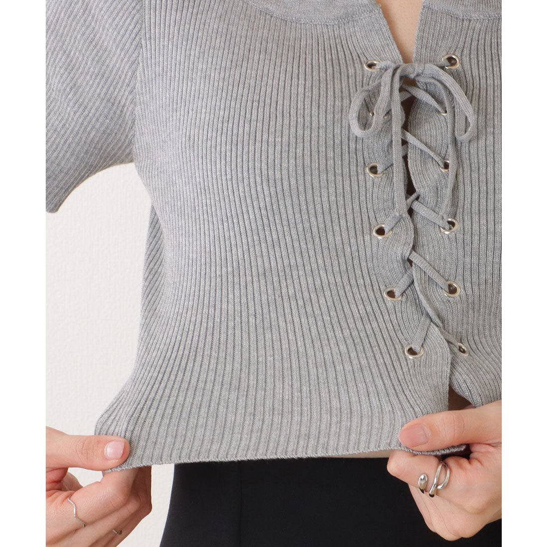 レースレディース Lace Ladies フロント レースアップ コンパクト 半袖 トップス (グレー) グレー