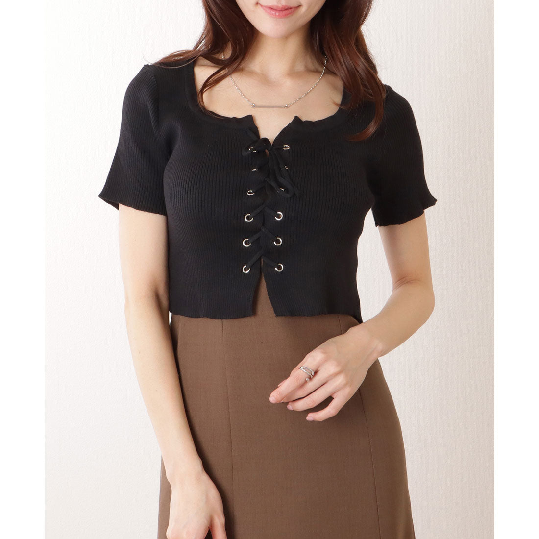 レースレディース Lace Ladies フロント レースアップ コンパクト 半袖 トップス (ブラック) ブラック