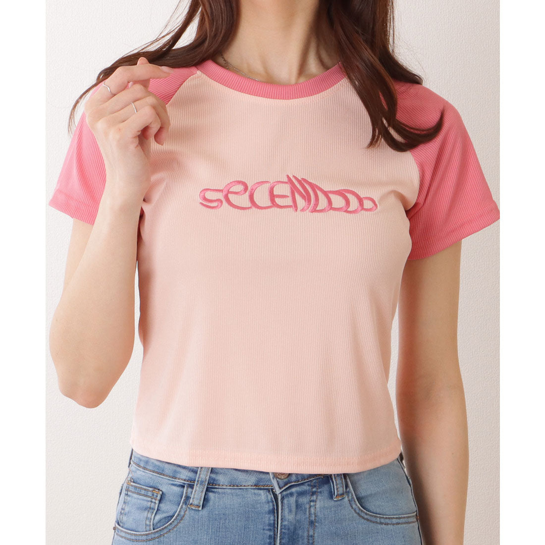 レースレディース Lace Ladies バイカラー ラグラン スリーブ コンパクト トップス (ピンク) ピンク