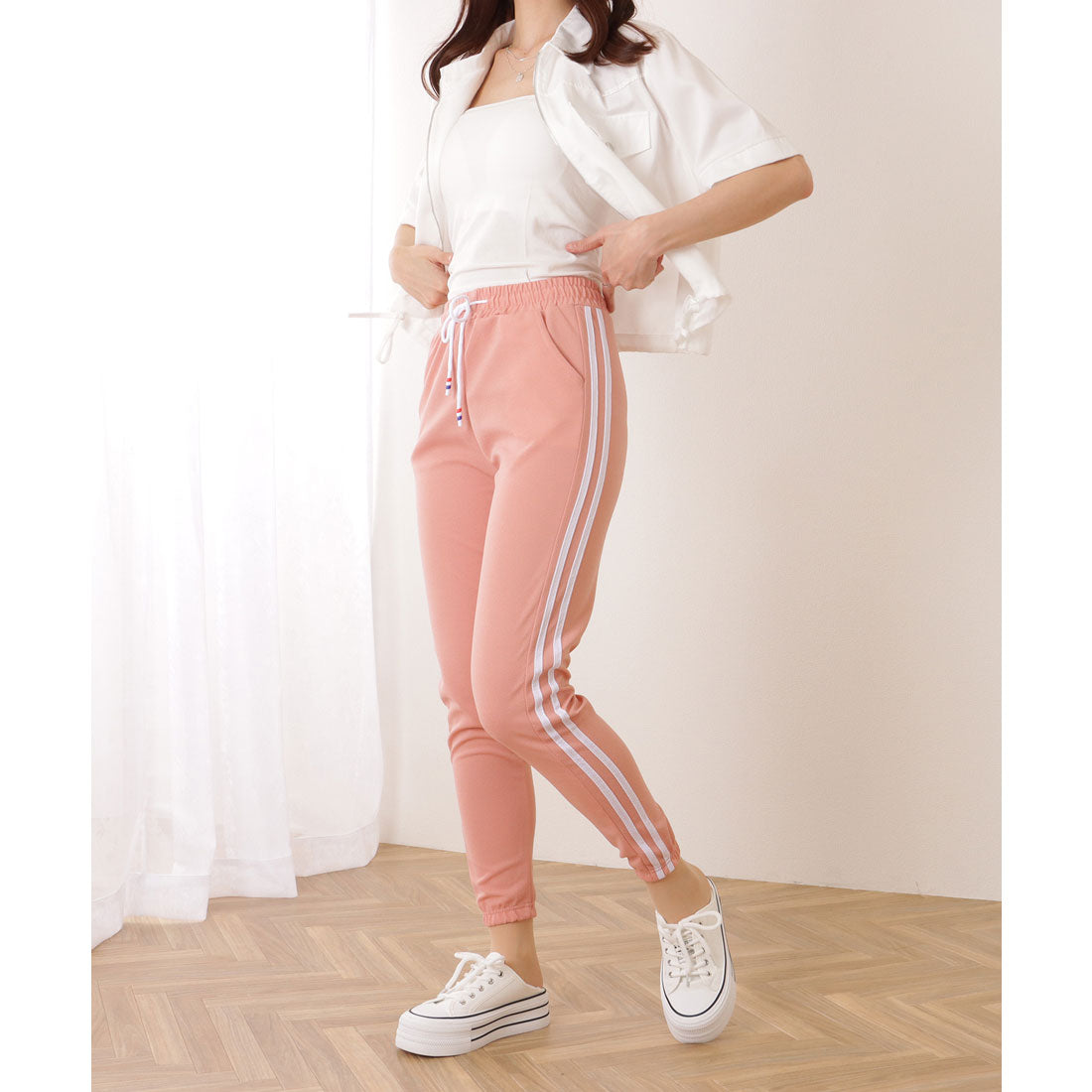 レースレディース Lace Ladies サイドライン 9分丈 イージー スポーツ パンツ (ピンク) ピンク