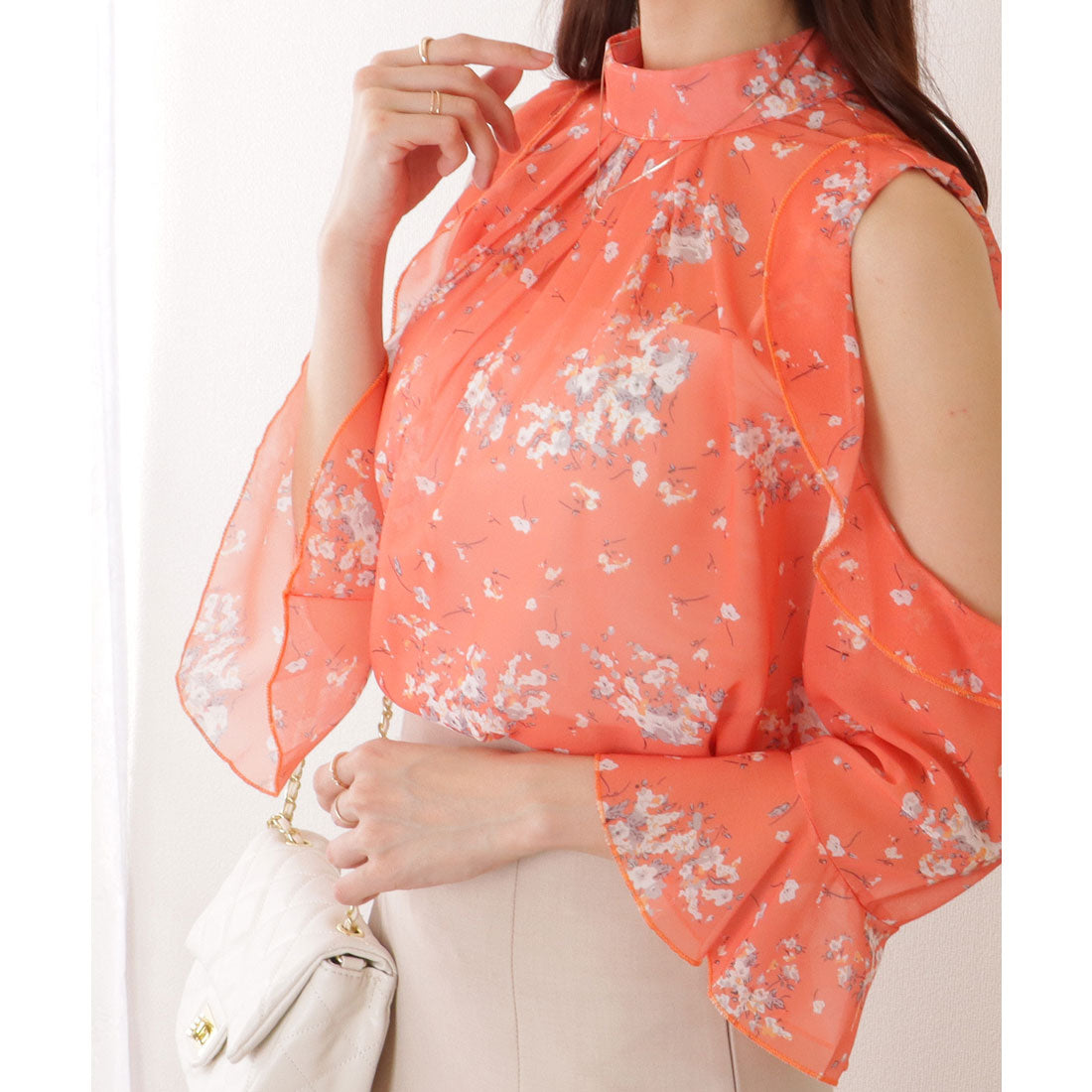 Lace Ladies Bouquet Pattern Cutout Flare Sleeve Chiffon Blouse