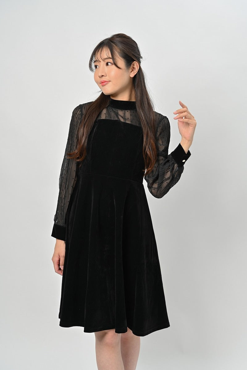 リリーオブバリー Lily of Valley 上品 フェミニン ドレス ワンピース きれいめ フォーマル シースルー ドット 柄 (BK) BK