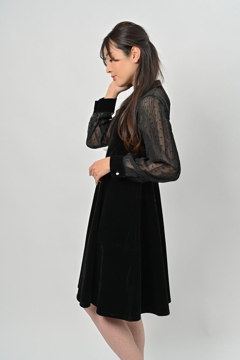 リリーオブバリー Lily of Valley 上品 フェミニン ドレス ワンピース きれいめ フォーマル シースルー ドット 柄 (BK) BK