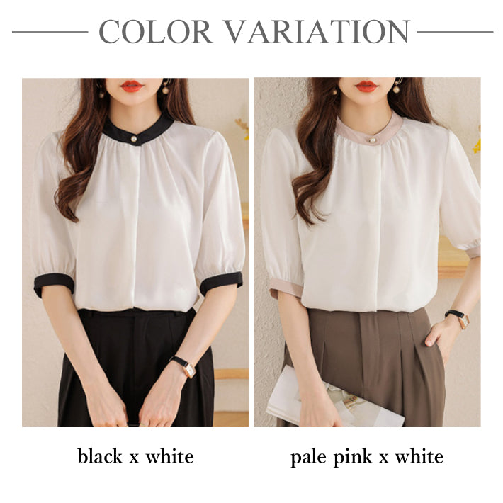 リリーオブバリー Lily of Valley バイカラー 半袖 シフォン ブラウス トップス きれいめ カジュアル 清楚 上品 事務服 (BR) BR