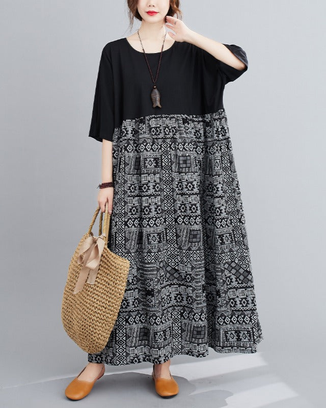 リリーオブバリー Lily of Valley ボヘミアン 柄 オーバーサイズ ワンピース ロング マタニティ カジュアル 半袖 ゆったり (BK) BK