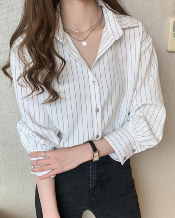 リリーオブバリー Lily of Valley 八分袖 ストライプ シャツ 長袖 トップス カジュアル 上品 事務服 オフィス 襟付き (WT) WT