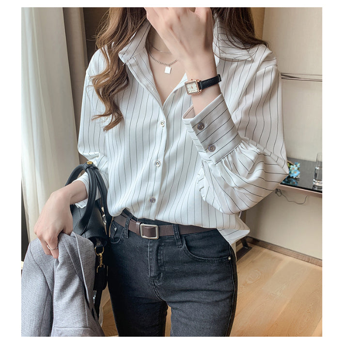 リリーオブバリー Lily of Valley 八分袖 ストライプ シャツ 長袖 トップス カジュアル 上品 事務服 オフィス 襟付き (WT) WT