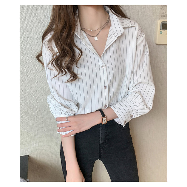 リリーオブバリー Lily of Valley 八分袖 ストライプ シャツ 長袖 トップス カジュアル 上品 事務服 オフィス 襟付き (WT) WT