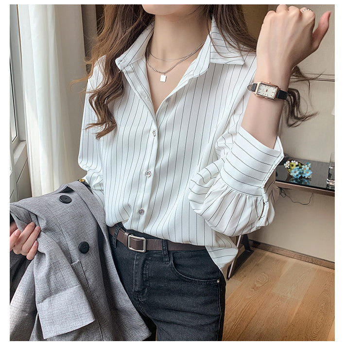 リリーオブバリー Lily of Valley 八分袖 ストライプ シャツ 長袖 トップス カジュアル 上品 事務服 オフィス 襟付き (WT) WT
