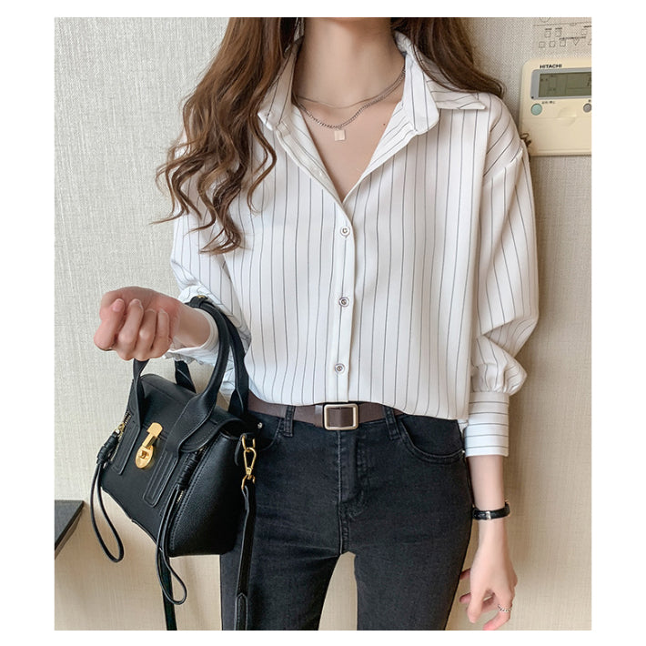 リリーオブバリー Lily of Valley 八分袖 ストライプ シャツ 長袖 トップス カジュアル 上品 事務服 オフィス 襟付き (WT) WT