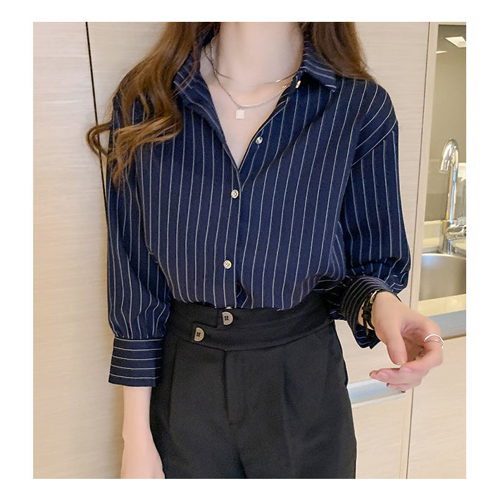 リリーオブバリー Lily of Valley 八分袖 ストライプ シャツ 長袖 トップス カジュアル 上品 事務服 オフィス 襟付き (WT) WT