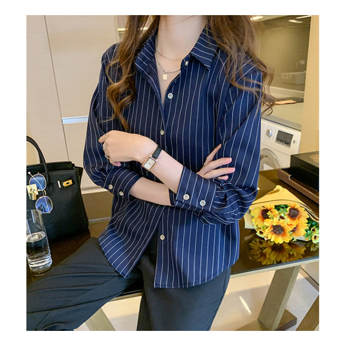 リリーオブバリー Lily of Valley 八分袖 ストライプ シャツ 長袖 トップス カジュアル 上品 事務服 オフィス 襟付き (WT) WT