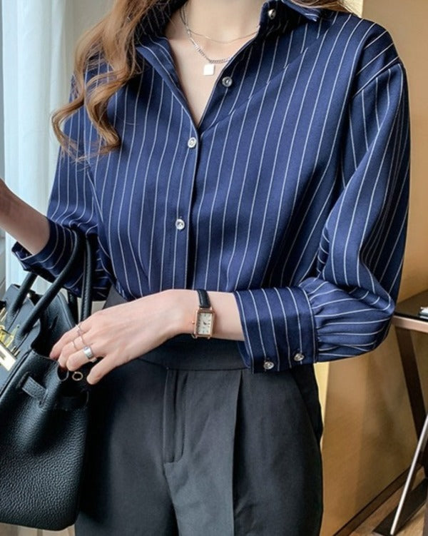 リリーオブバリー Lily of Valley 八分袖 ストライプ シャツ 長袖 トップス カジュアル 上品 事務服 オフィス 襟付き (NV) NV