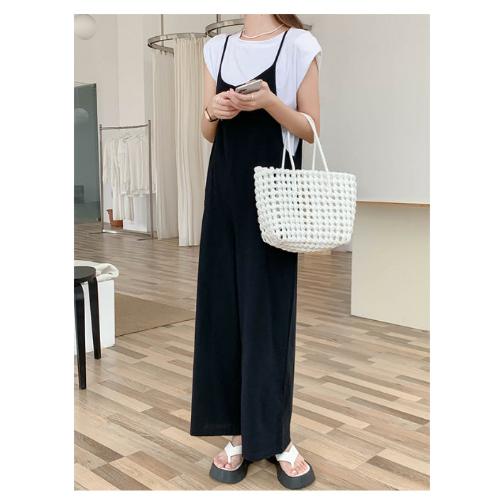 リリーオブバリー Lily of Valley カジュアル オールインワン リネン ロング キャミソール ゆったり フレア 上品 ワイド (BK) BK