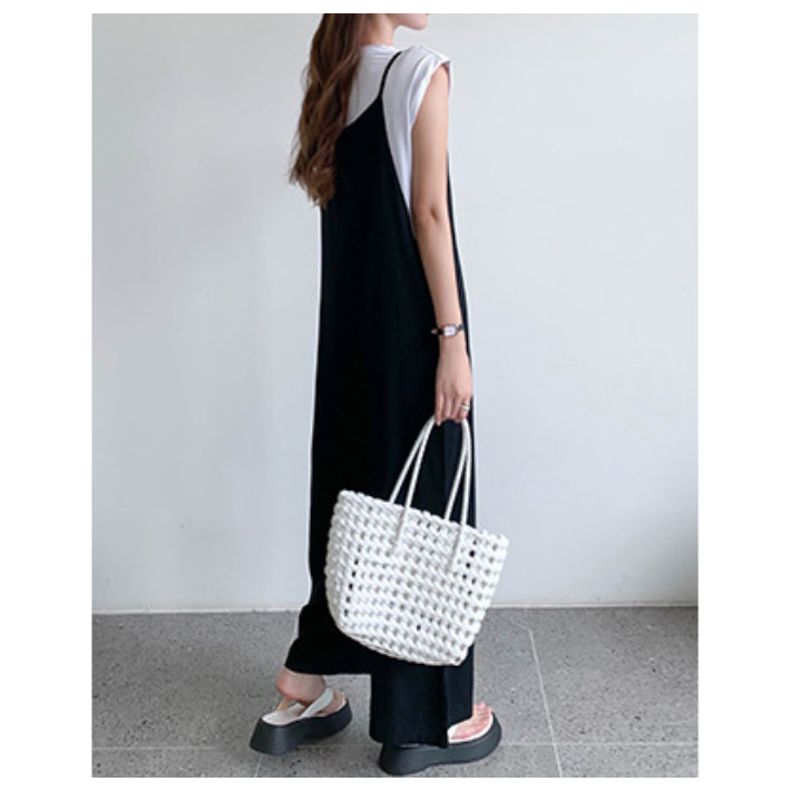 リリーオブバリー Lily of Valley カジュアル オールインワン リネン ロング キャミソール ゆったり フレア 上品 ワイド (BK) BK