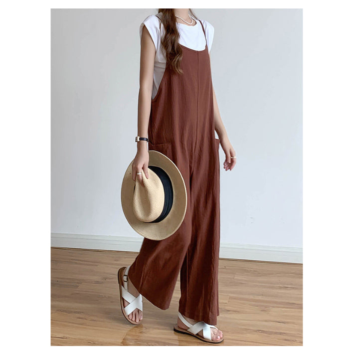 リリーオブバリー Lily of Valley カジュアル オールインワン リネン ロング キャミソール ゆったり フレア 上品 ワイド (BK) BK