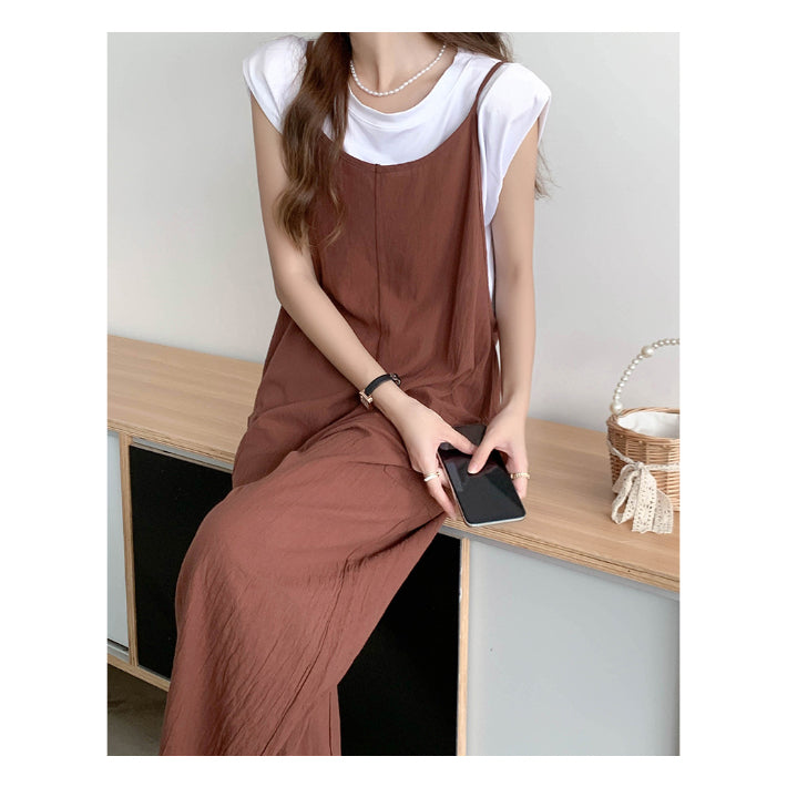 リリーオブバリー Lily of Valley カジュアル オールインワン リネン ロング キャミソール ゆったり フレア 上品 ワイド (BK) BK