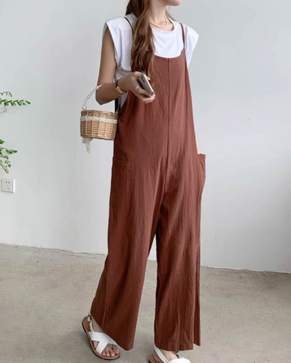 リリーオブバリー Lily of Valley カジュアル オールインワン リネン ロング キャミソール ゆったり フレア 上品 ワイド (BK) BK