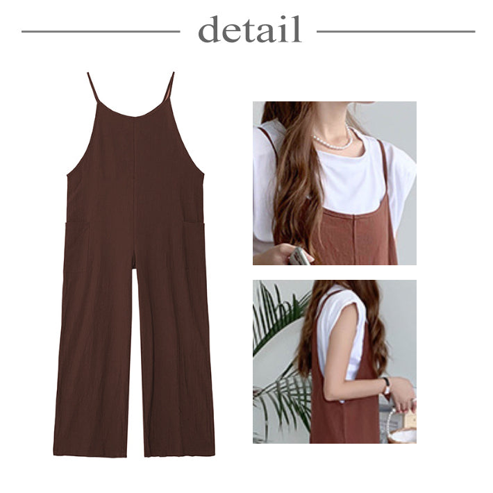 リリーオブバリー Lily of Valley カジュアル オールインワン リネン ロング キャミソール ゆったり フレア 上品 ワイド (BK) BK